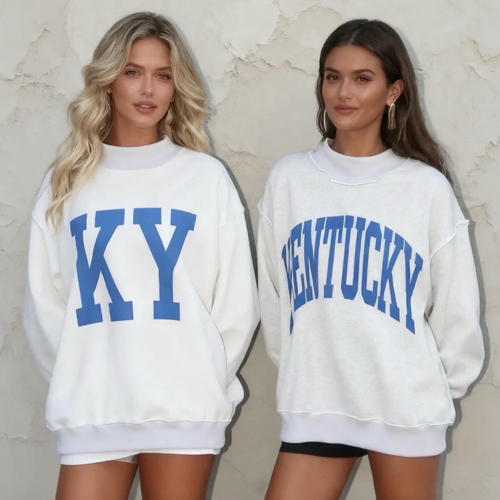 White Sweatshirt with Blue Kentucky Print